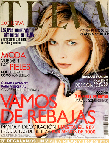 TELVA Magazine Spanish January 2001 CLAUDIA SCHIFFER Nieves Alvarez ANDRE RAU