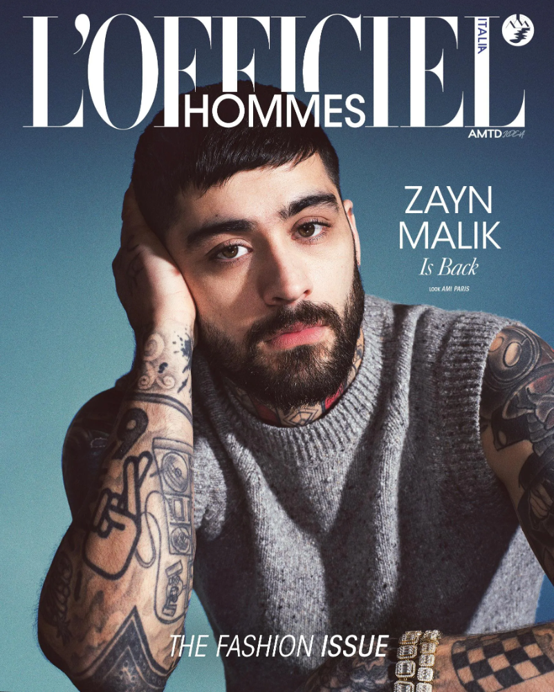 Cover of 'L'OFFICIEL Hommes Magazine' featuring Zayn Malik, with the text 'THE FASHION ISSUE' and 'ZAYN MALIK is back'.