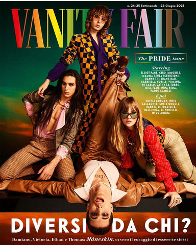 Cover of the VANITY FAIR Italia Magazine, June 2021, featuring members of the Italian boy band MANeskin, with a bold colorful checkered background and the title 'DIVERSA CHI?' prominently displayed.