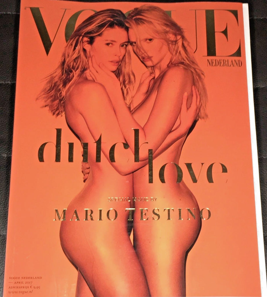 Cover of the VOGUE Netherlands magazine, April 2017, featuring two models and the text 'Dutch Love' by Mario Testino.